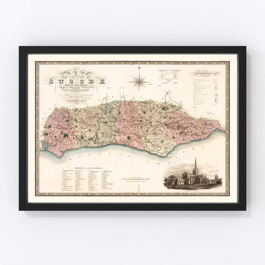 Vintage map of Sussex, England, 1829
