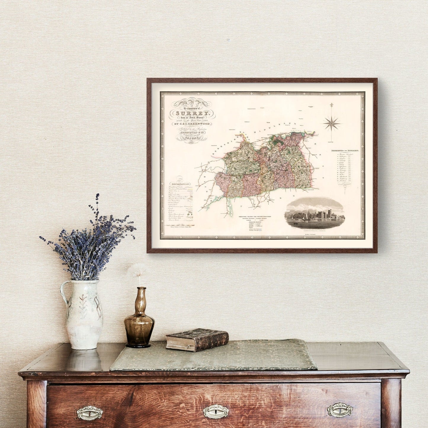 Vintage Map of Surrey, England, 1829