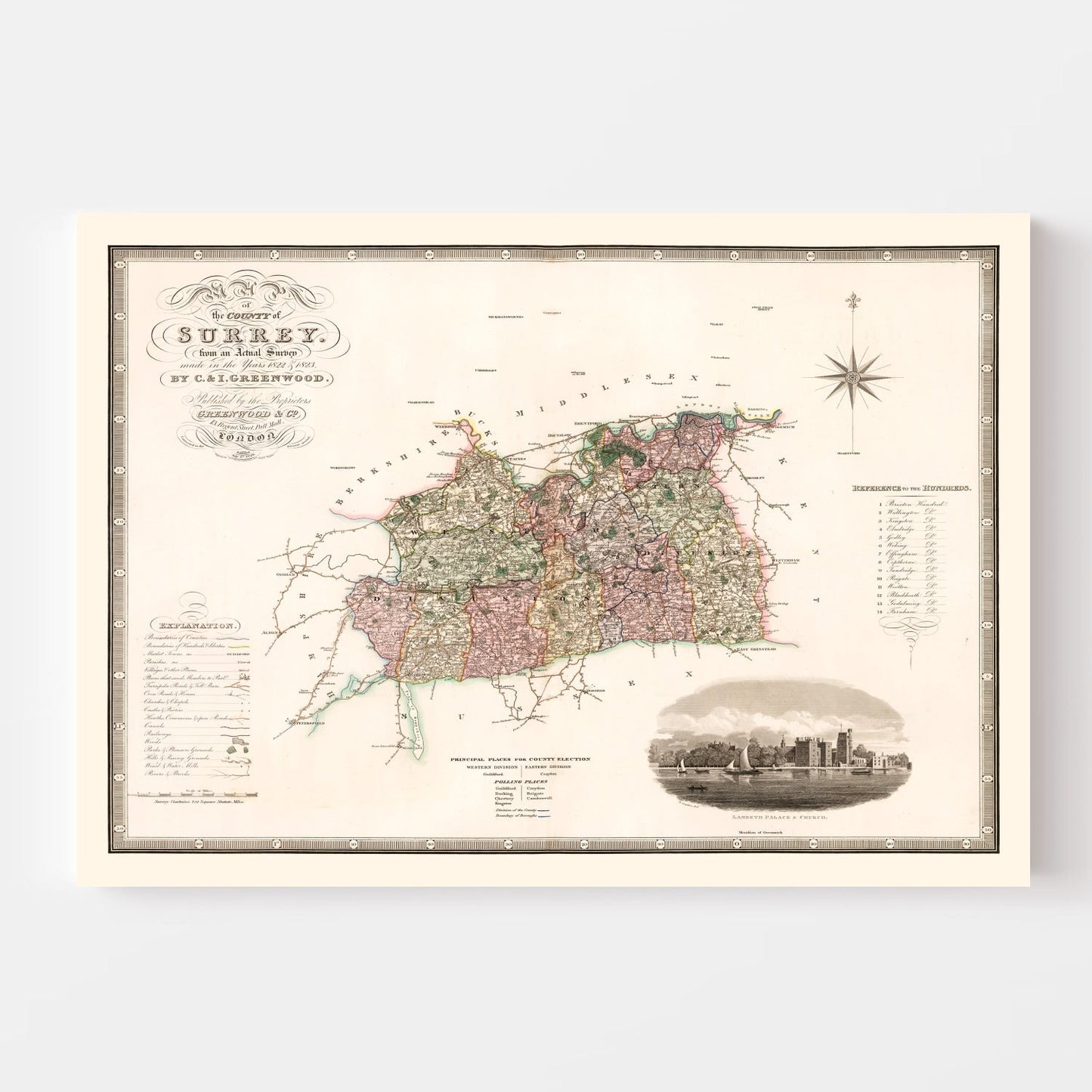 Vintage Map of Surrey, England, 1829