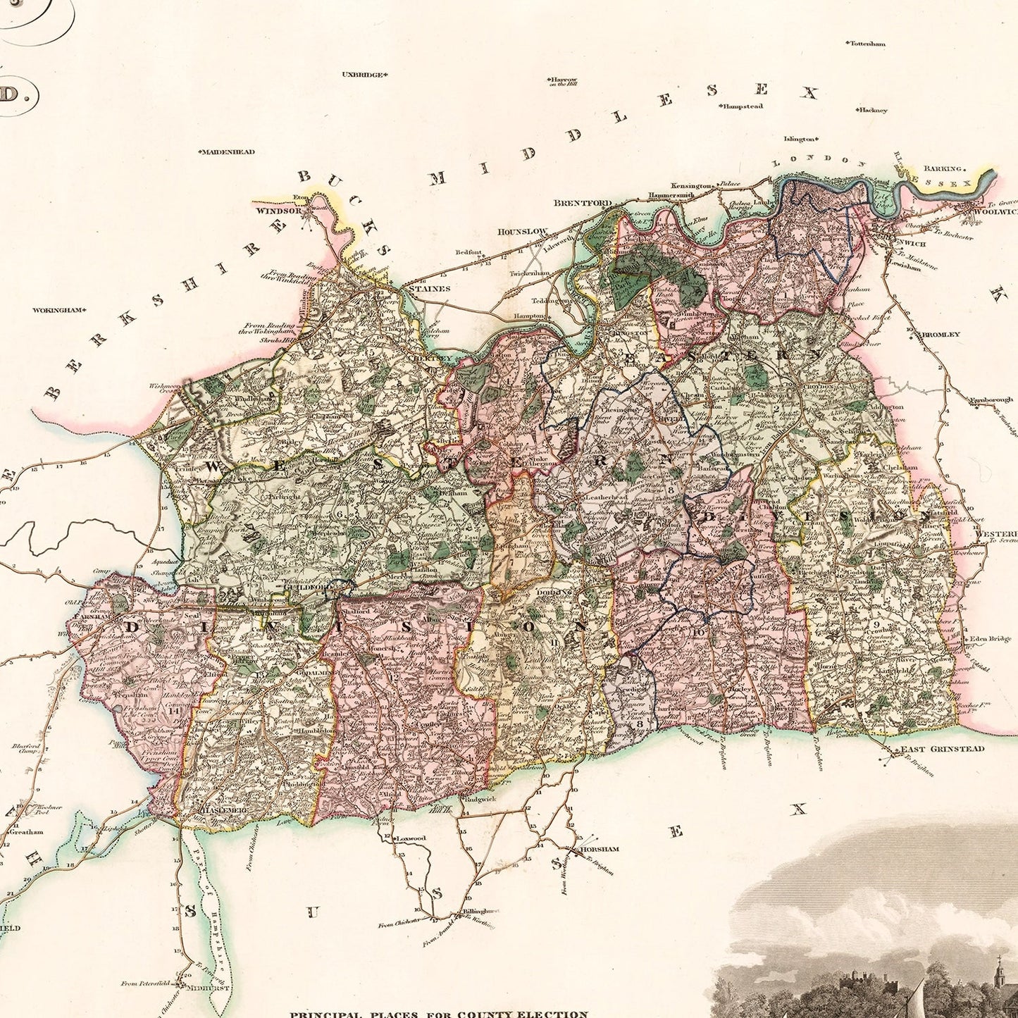 Vintage Map of Surrey, England, 1829