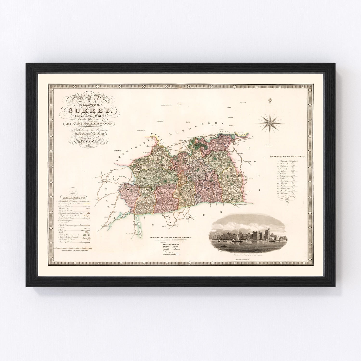 Vintage map of Surrey, England, 1829