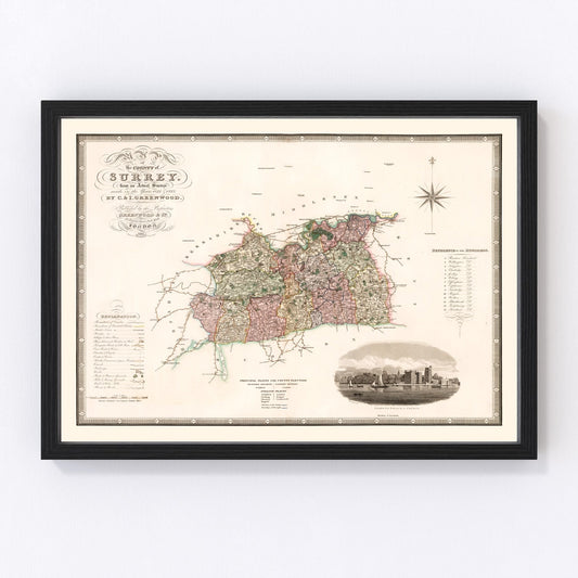 Vintage map of Surrey, England, 1829