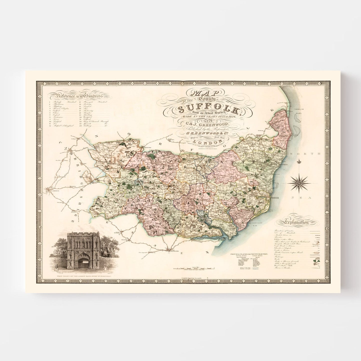 Vintage Map of Suffolk, England, 1831