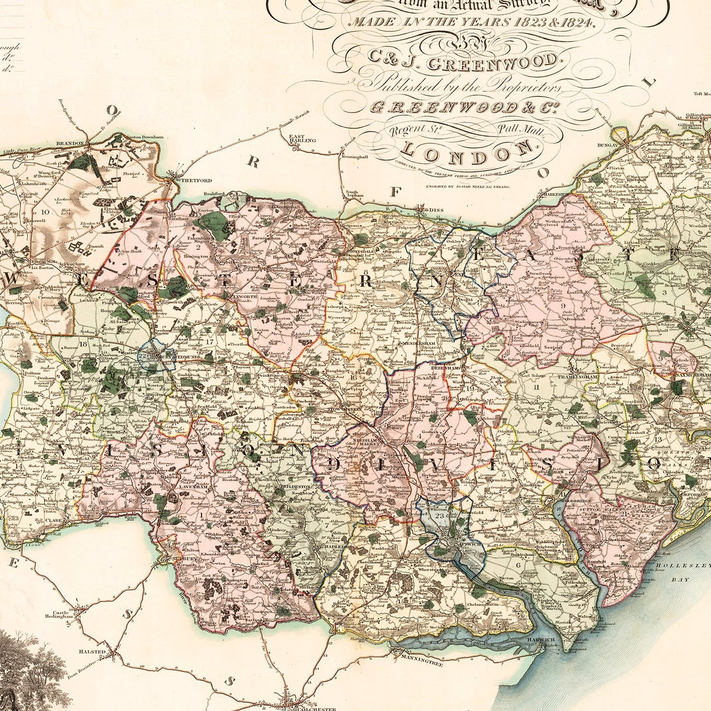 Vintage Map of Suffolk, England, 1831