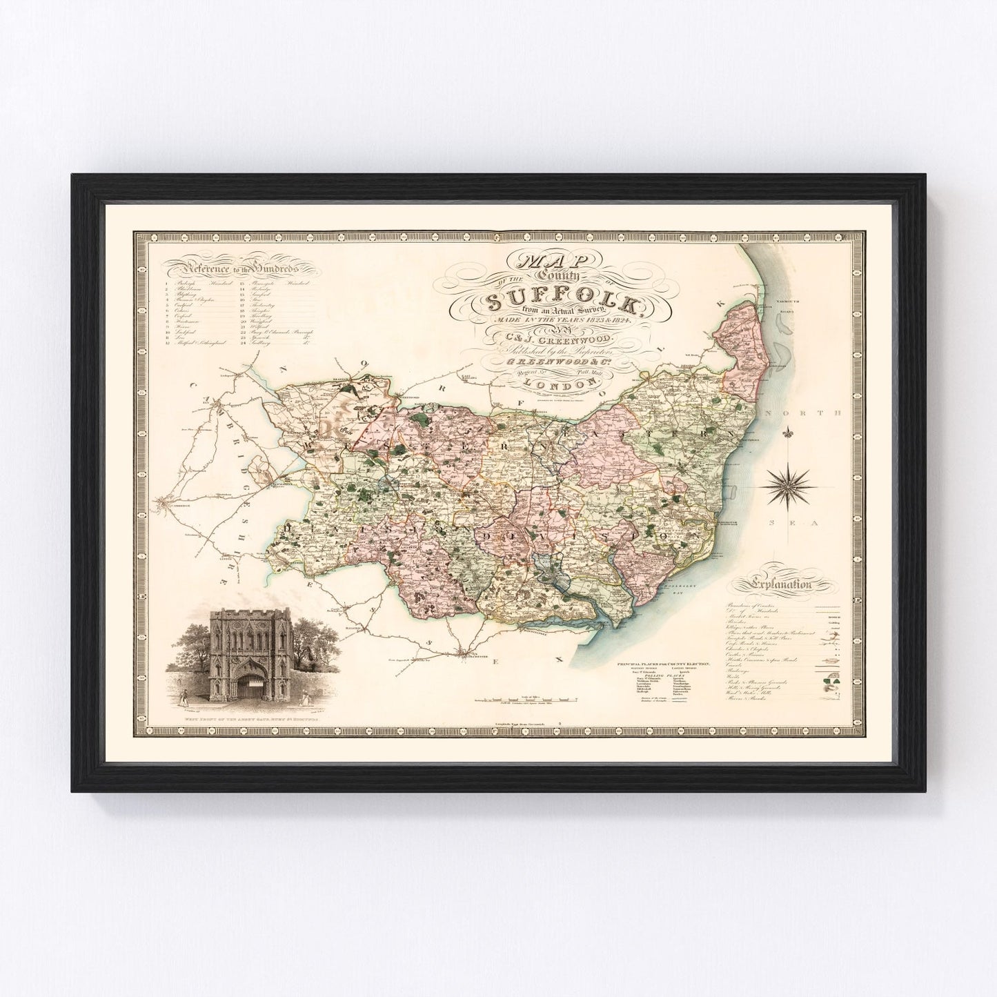 Vintage map of Suffolk, England, 1831