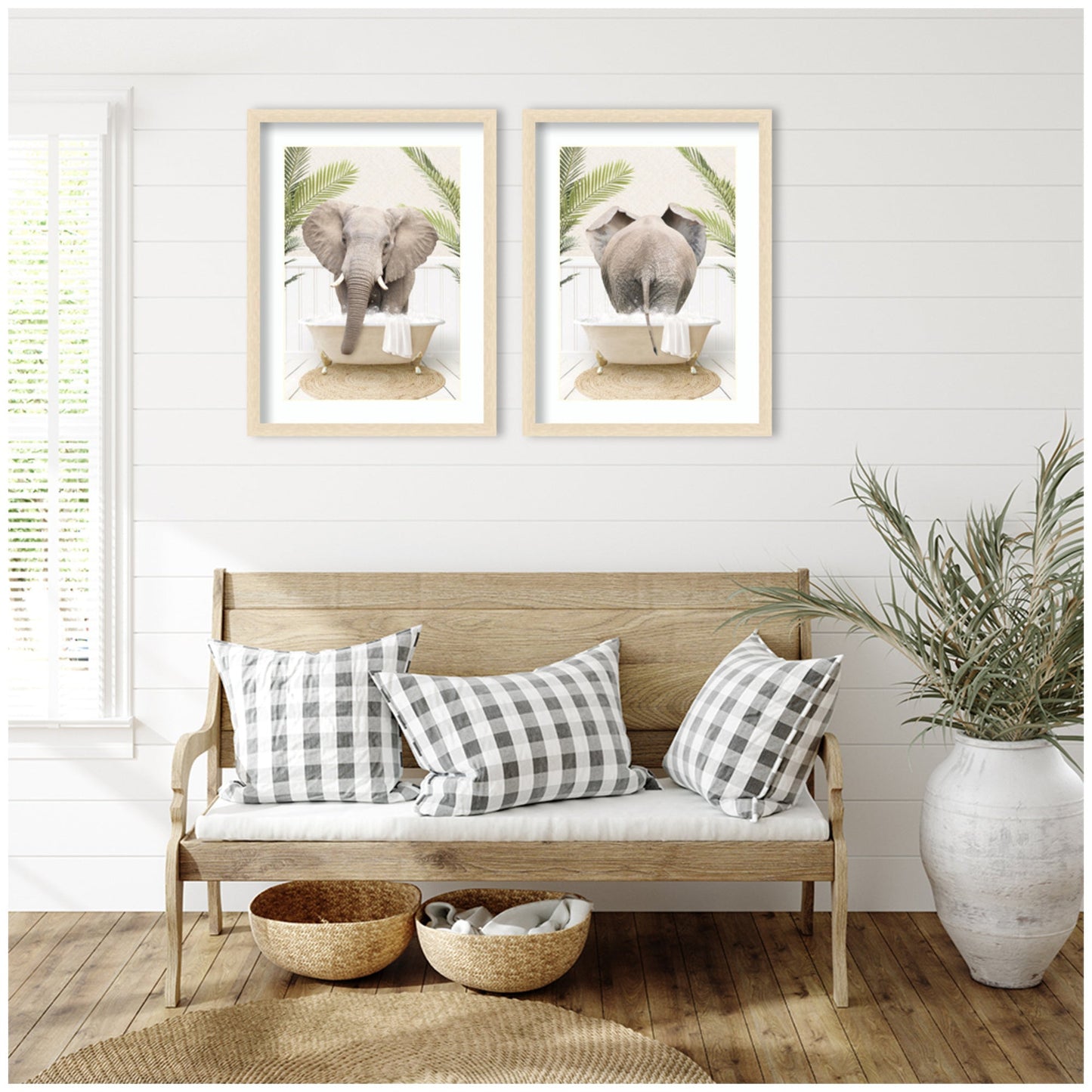 Elephant in Palm Bathtub 2 Piece Framed Wall Art Set