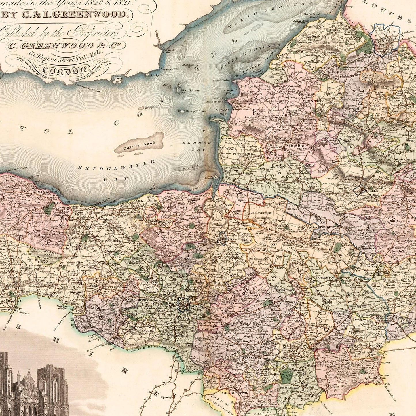 Vintage Map of Somerset, England, 1829