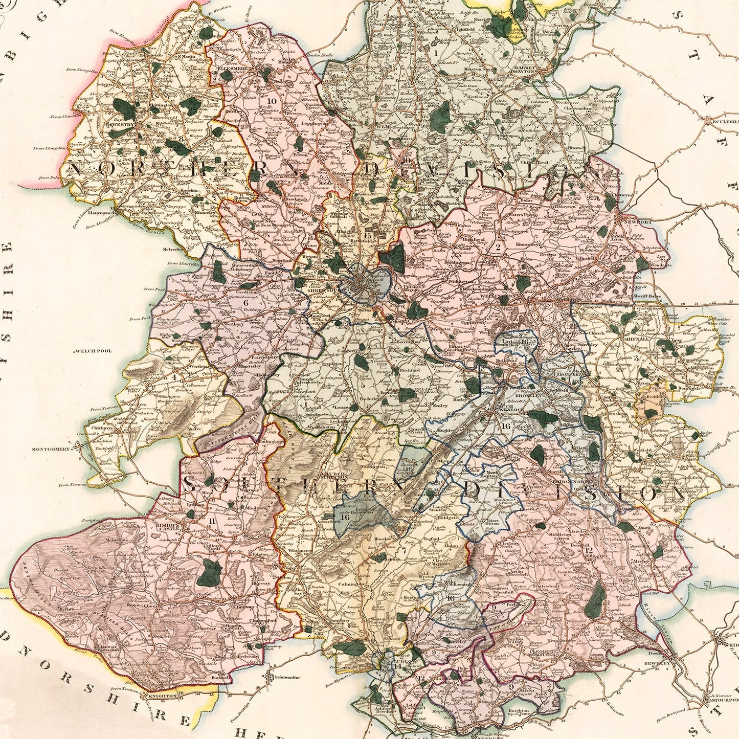 Vintage Map of Salop, England, 1830