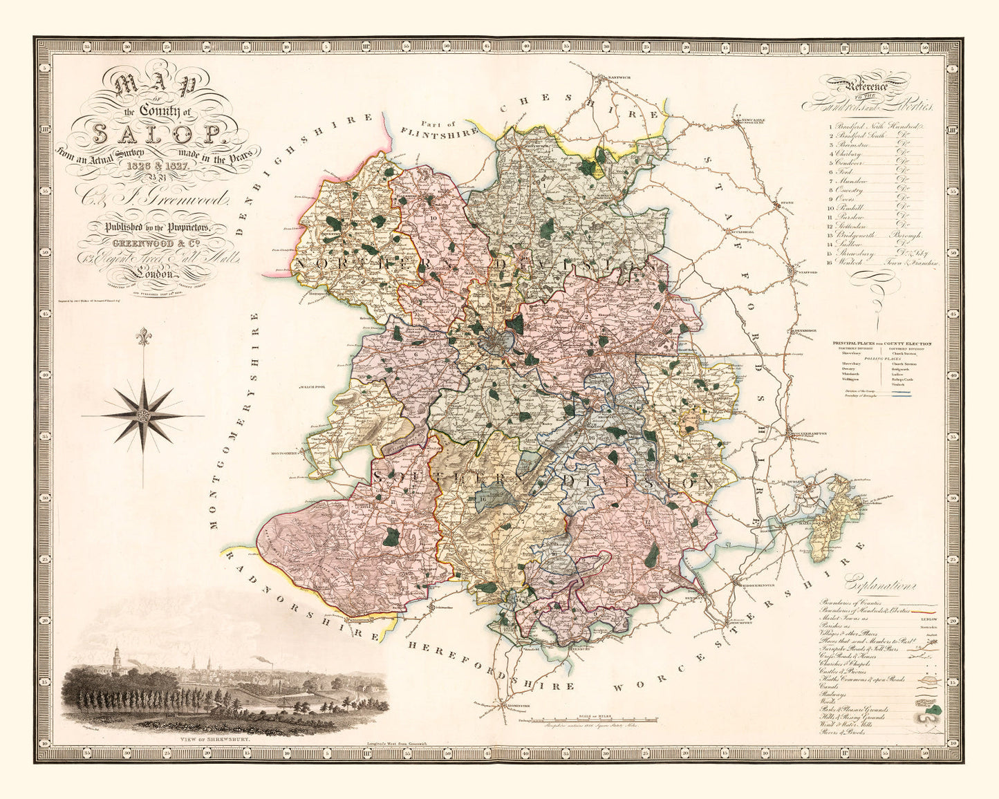 Vintage Map of Salop, England, 1830