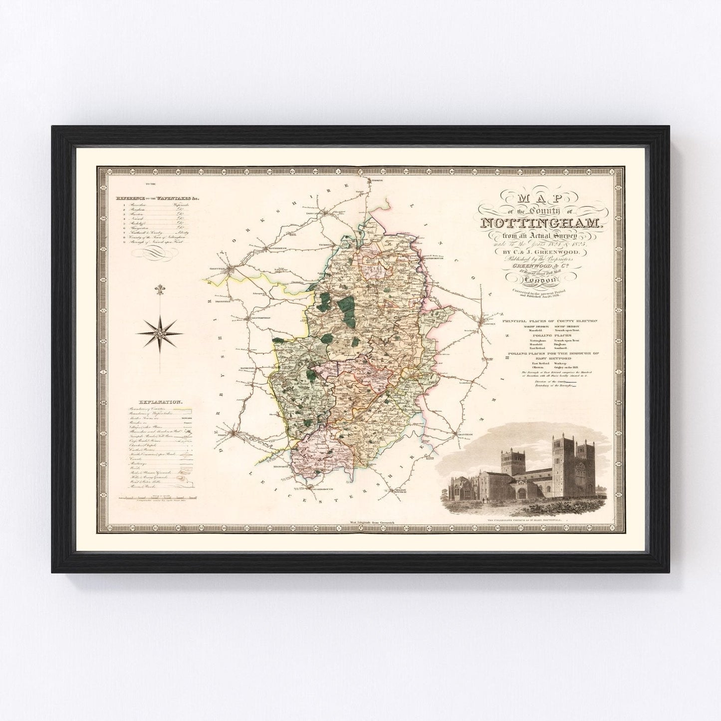 vintage map of Nottingham, England, 1831