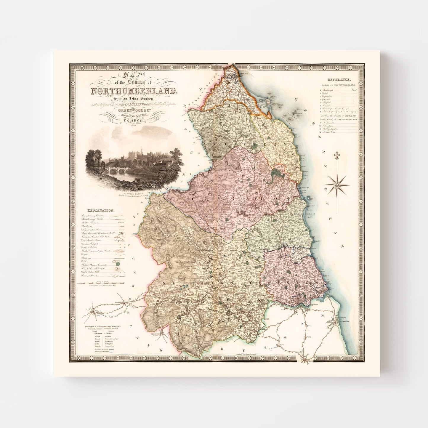 Vintage Map of Northumberland, England, 1831