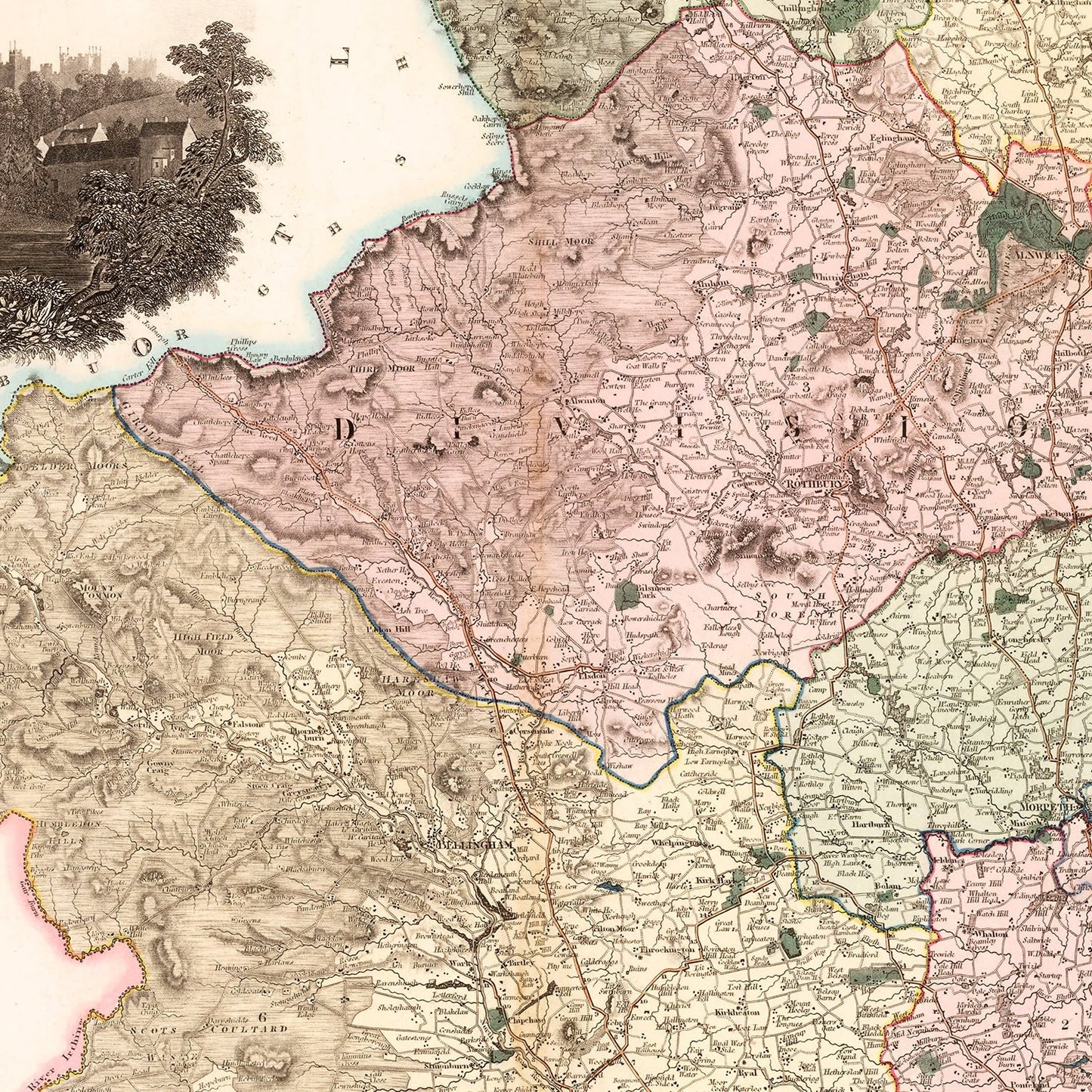 Vintage Map of Northumberland, England, 1831