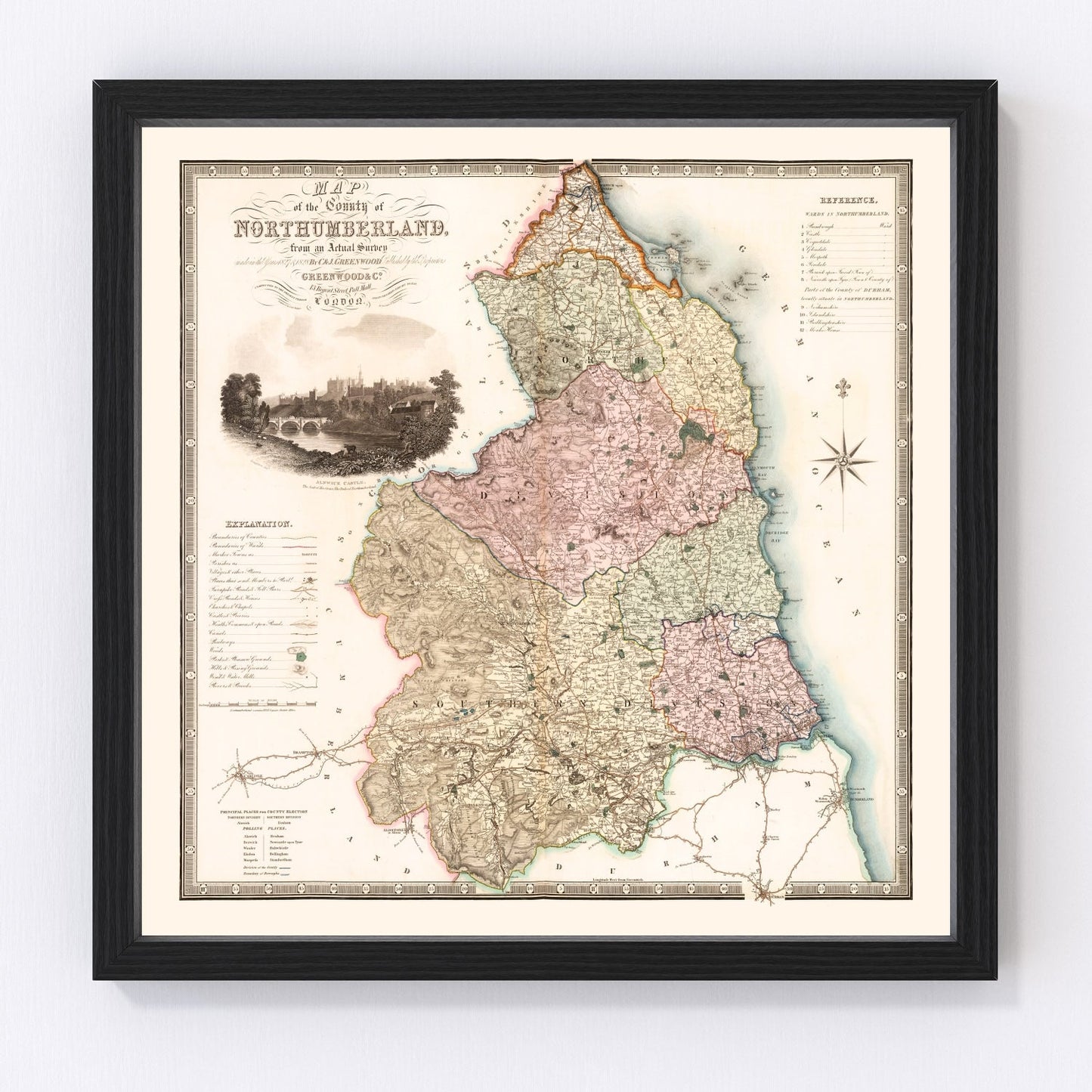 vintage map of Northumberland, England, 1831