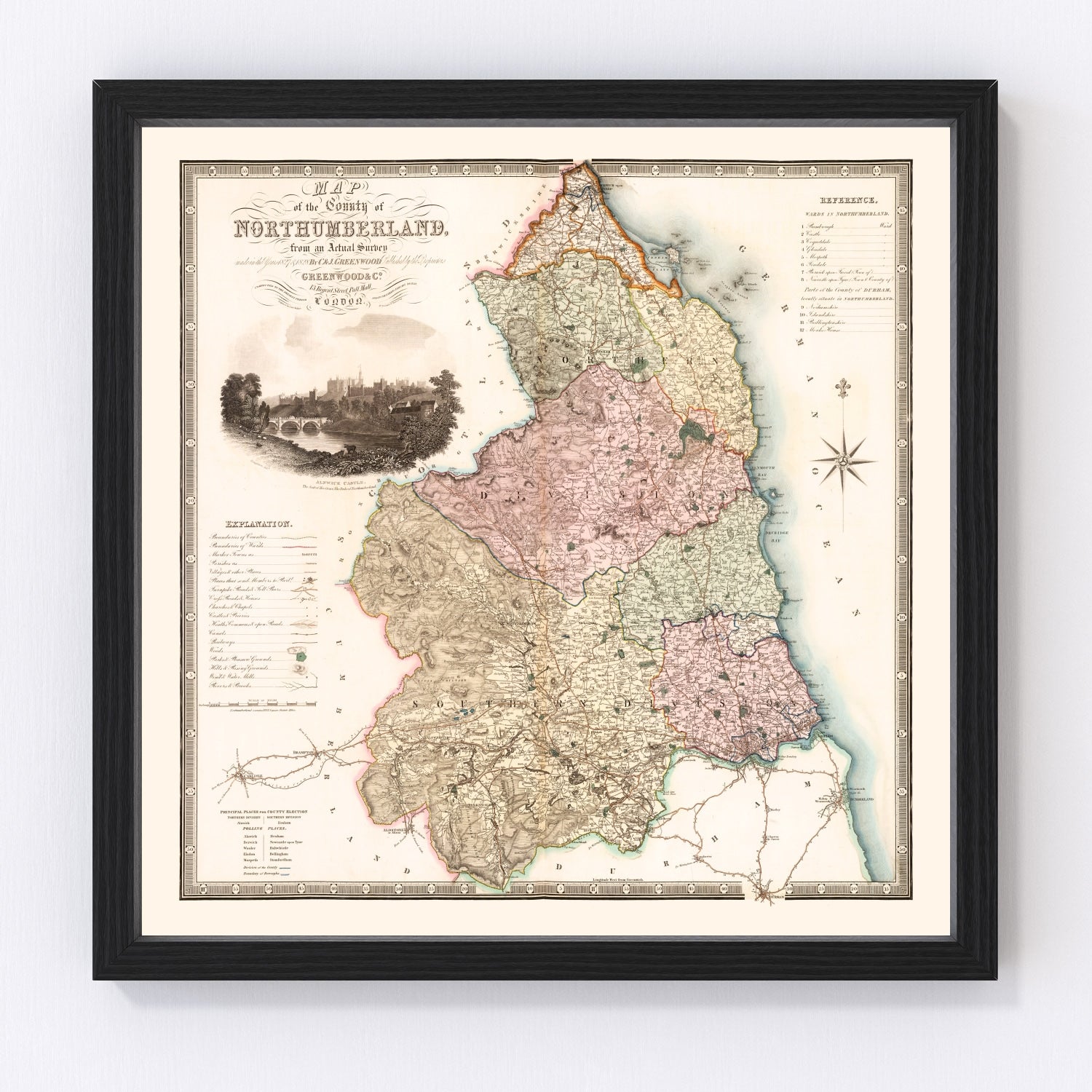 vintage map of Northumberland, England, 1831