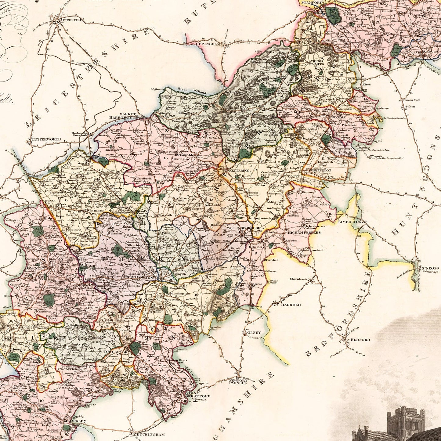 Vintage Map of Northampton, England, 1830