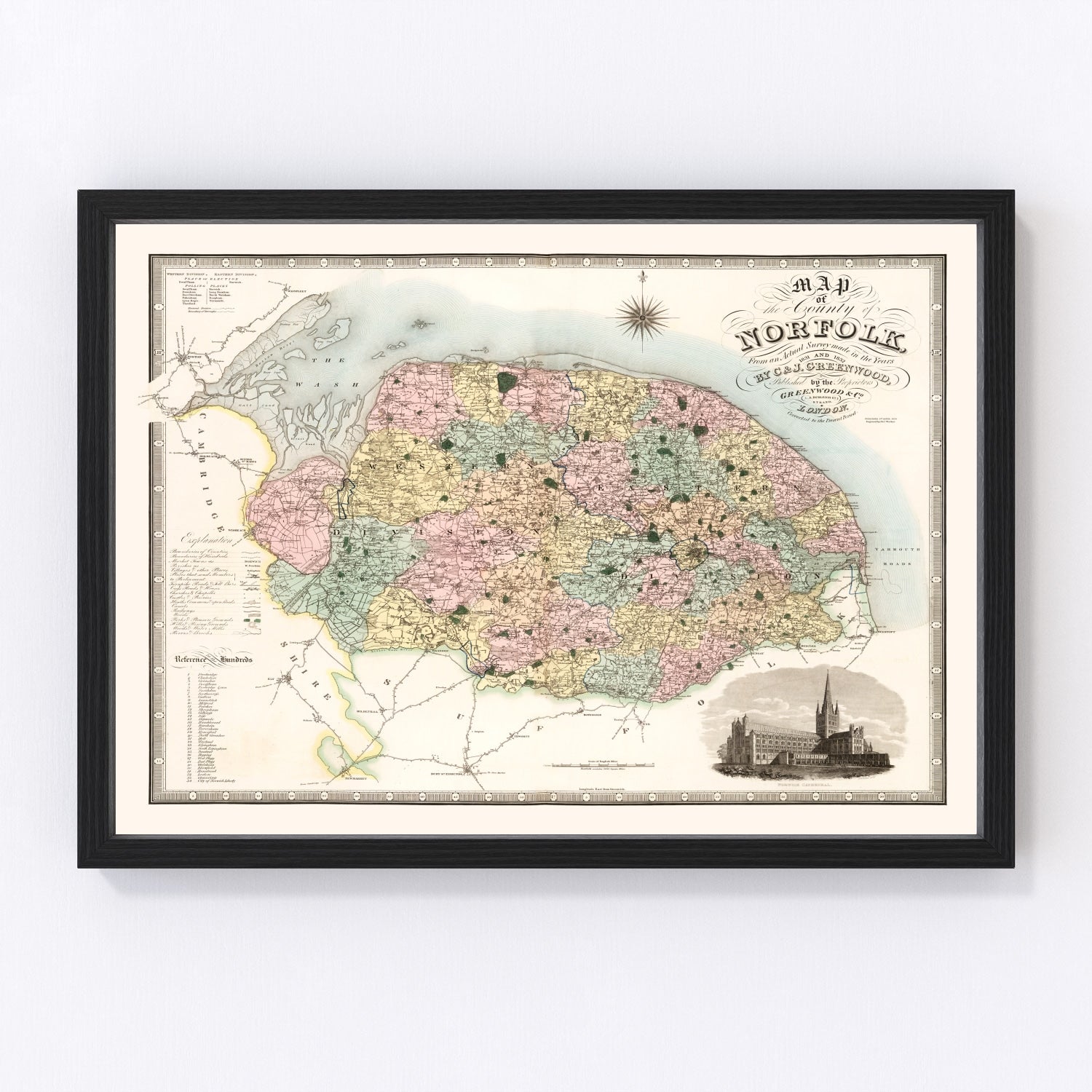 vintage map of Norfolk, England, 1834