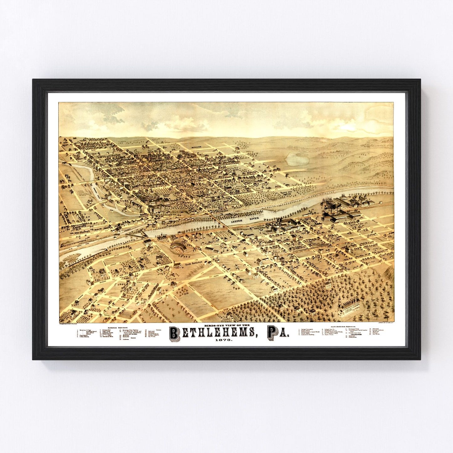 Vintage map of Bethlehem, Pennsylvania, 1878, Northampton County restored print