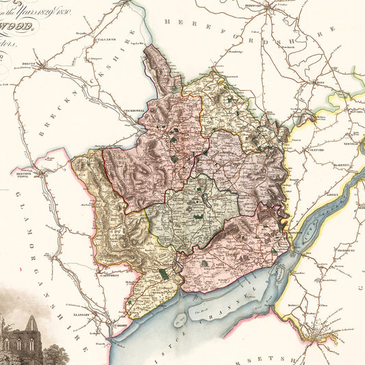 Vintage Map of Monmouth, Wales, 1831