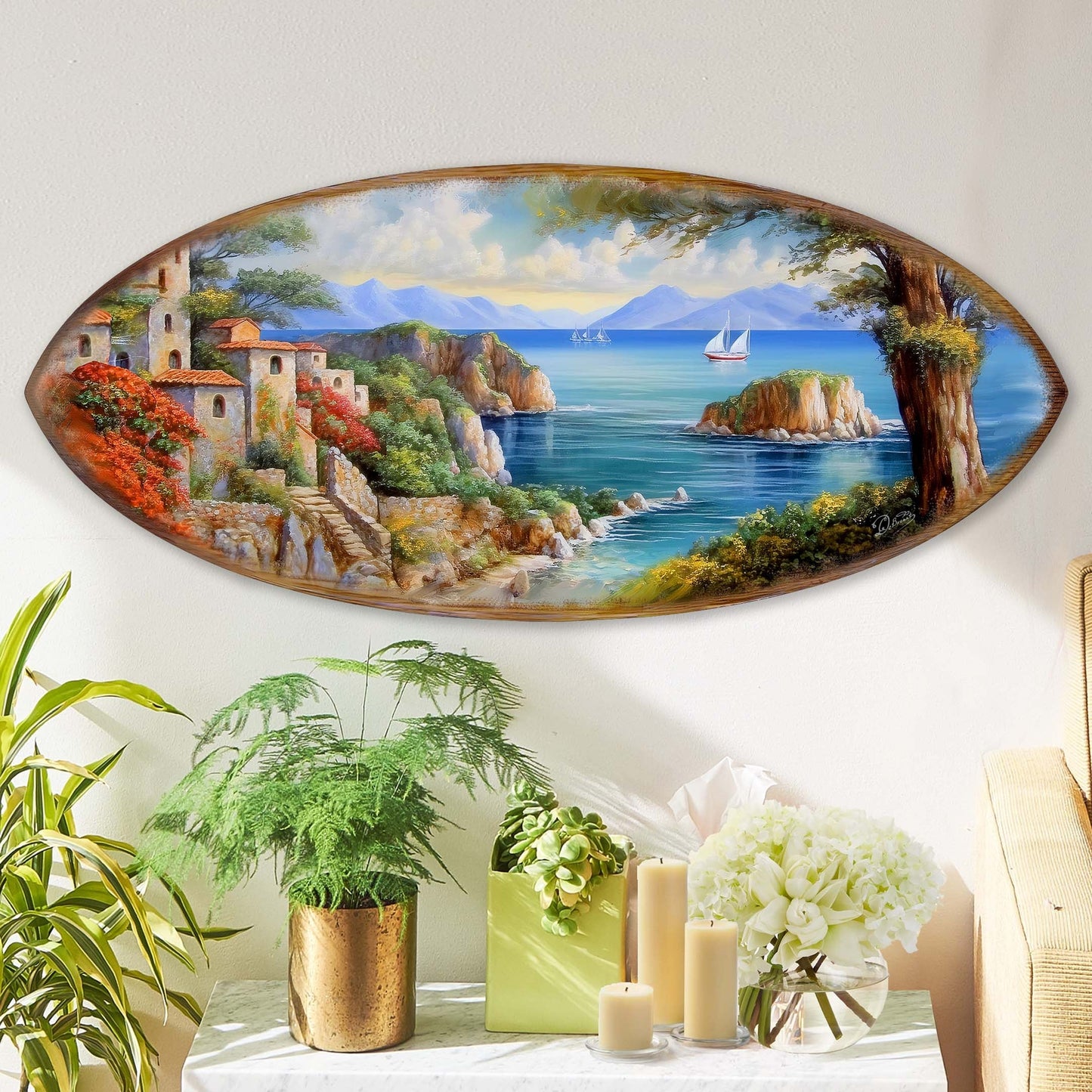 Coastal View Surfboard Wood Wall Art - Beach Decor