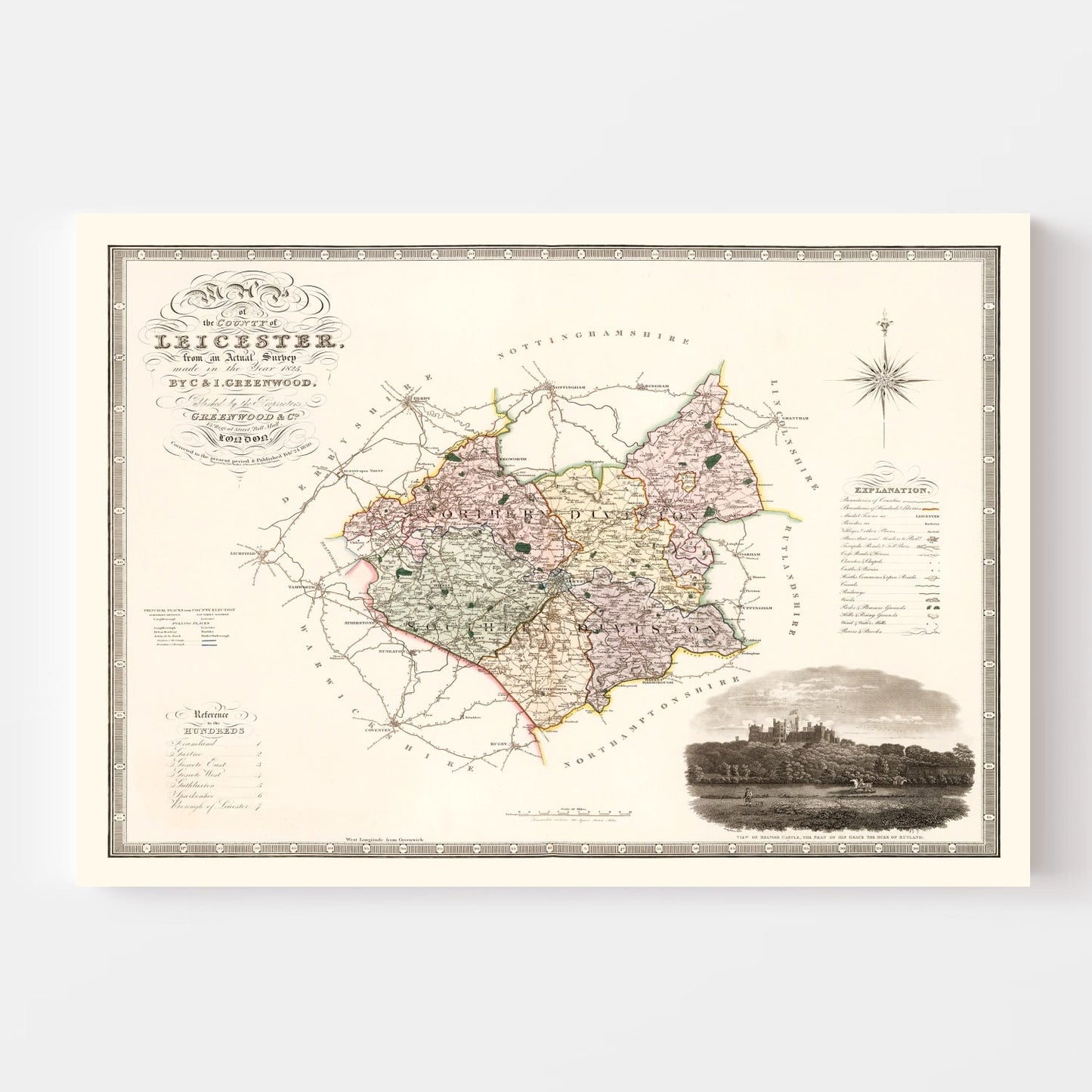 Vintage Map of Leicester, England, 1830