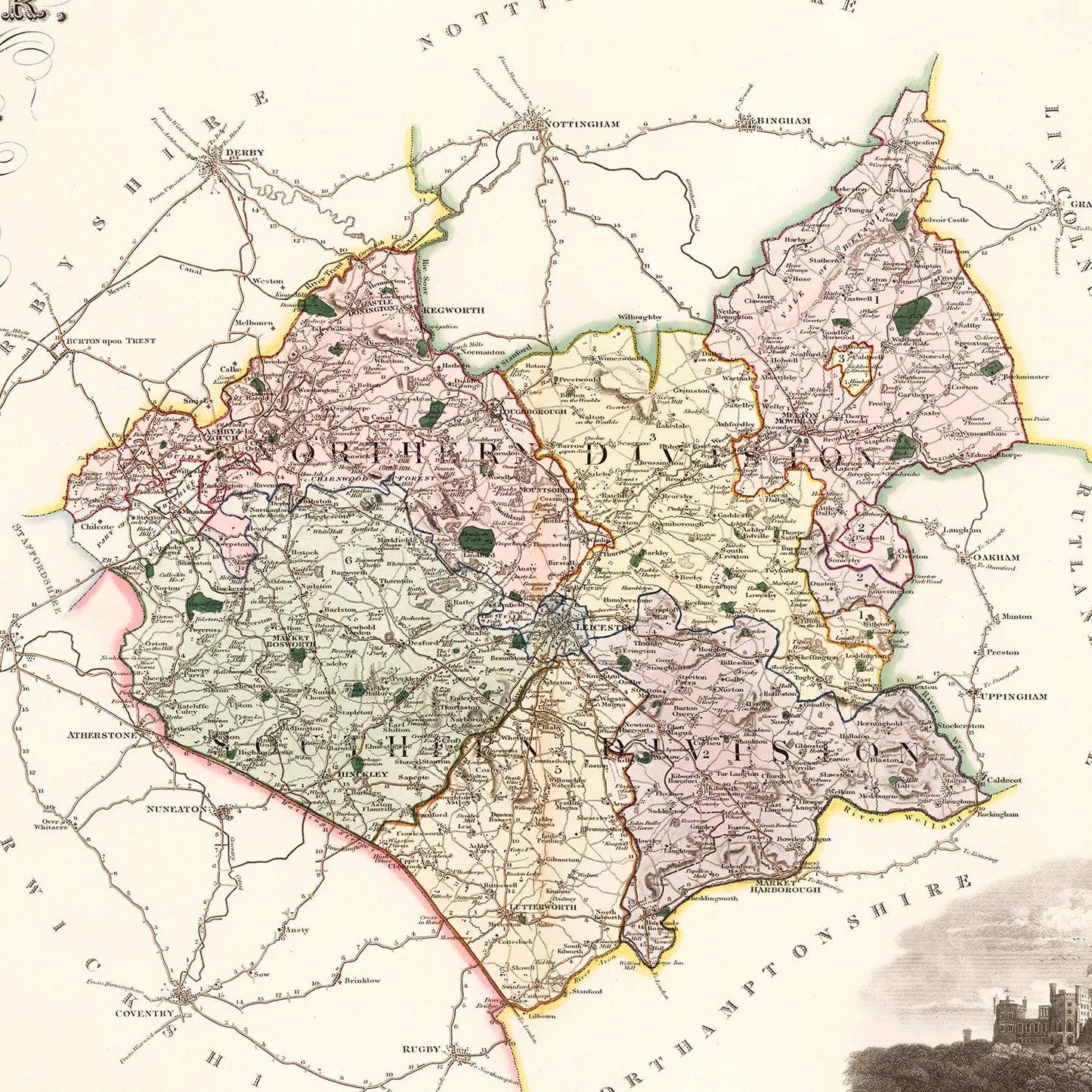 Vintage Map of Leicester, England, 1830