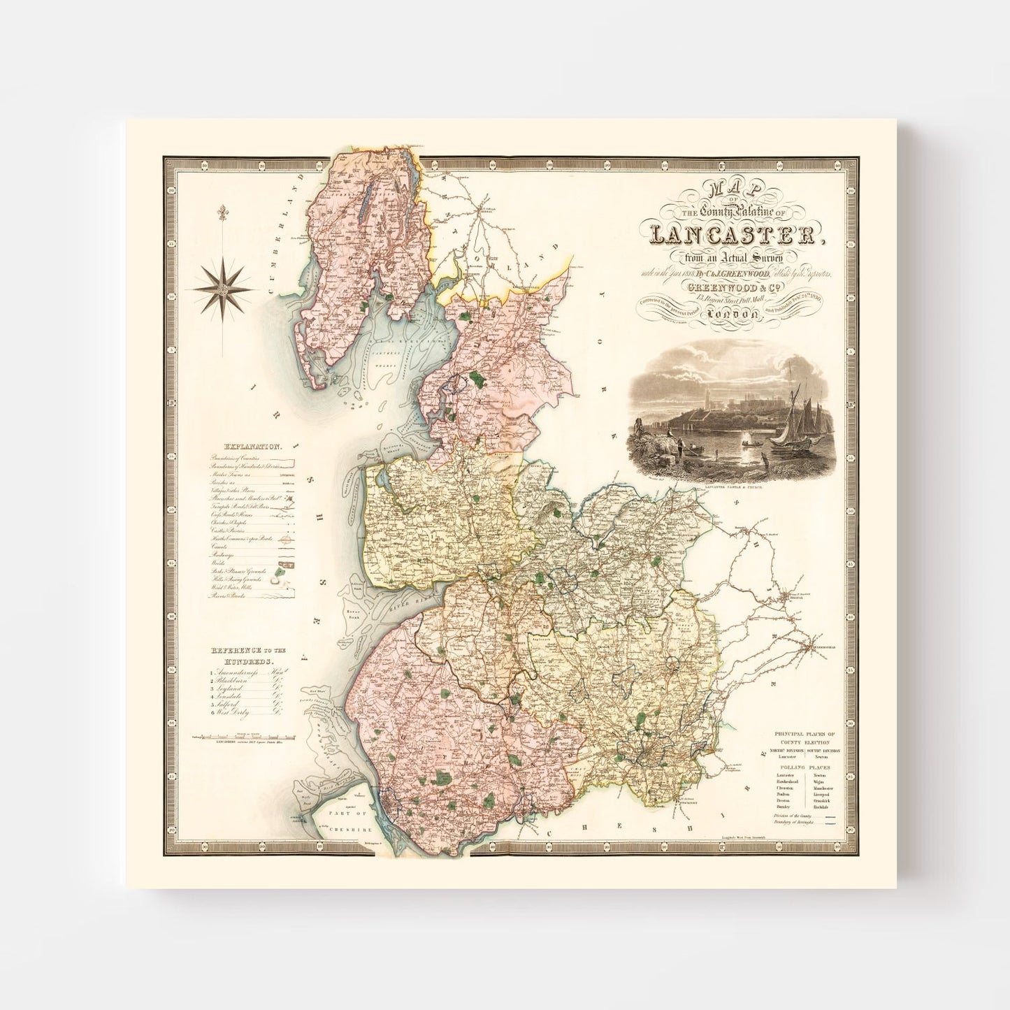 Vintage Map of Lancashire, England, 1830