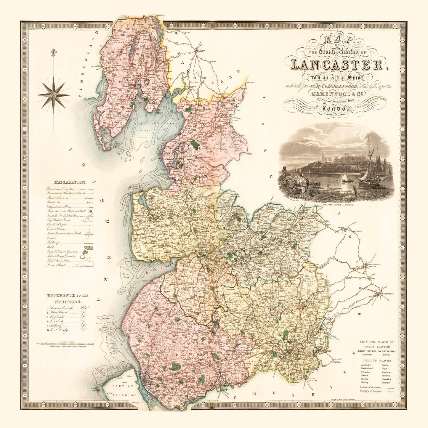 Vintage Map of Lancashire, England, 1830
