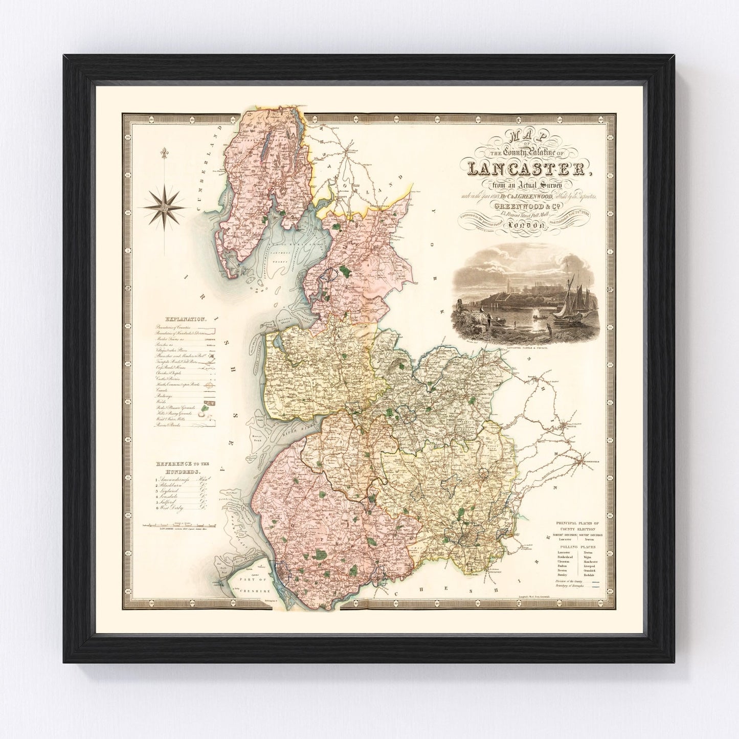 Vintage map of Lancashire, England, 1830