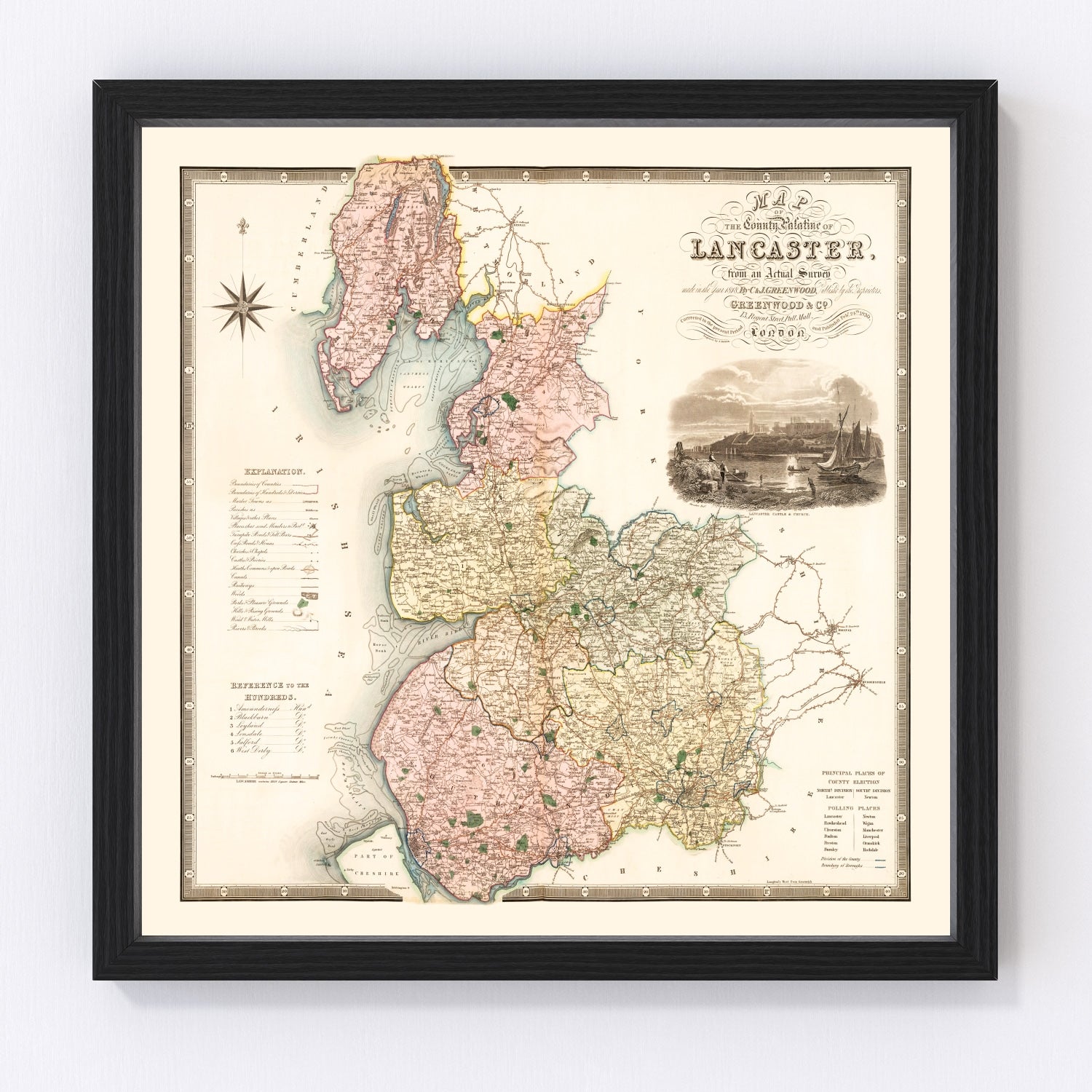 Vintage map of Lancashire, England, 1830