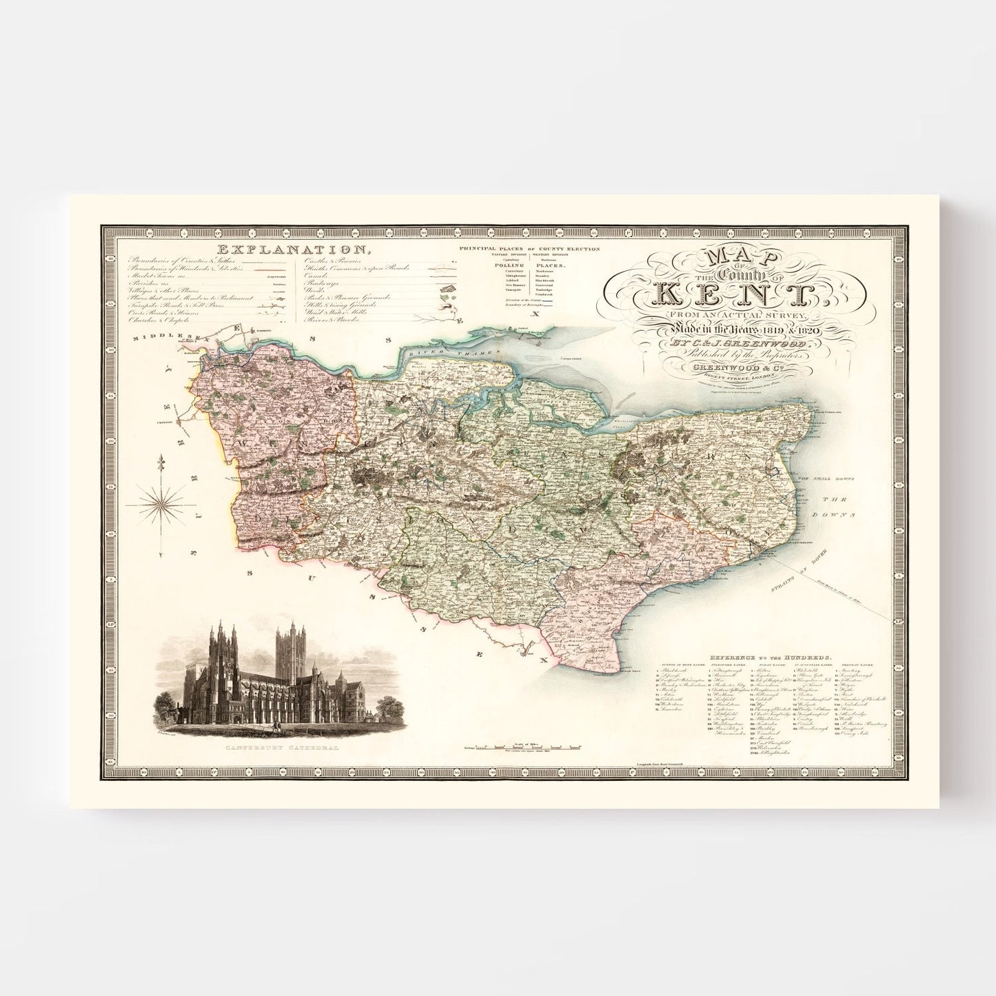 Vintage Map of Kent, England, 1829