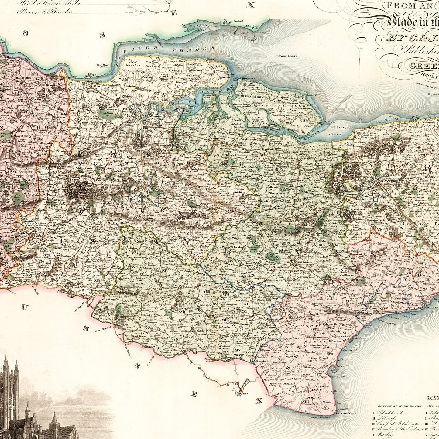 Vintage Map of Kent, England, 1829