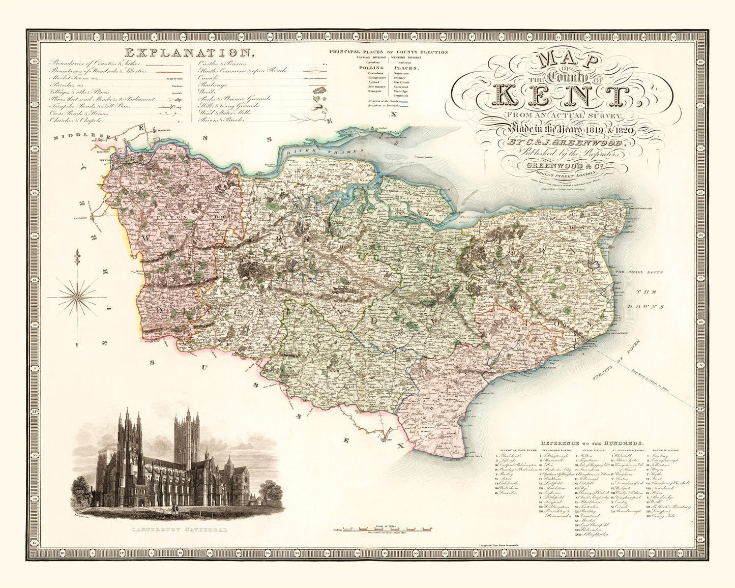Vintage Map of Kent, England, 1829