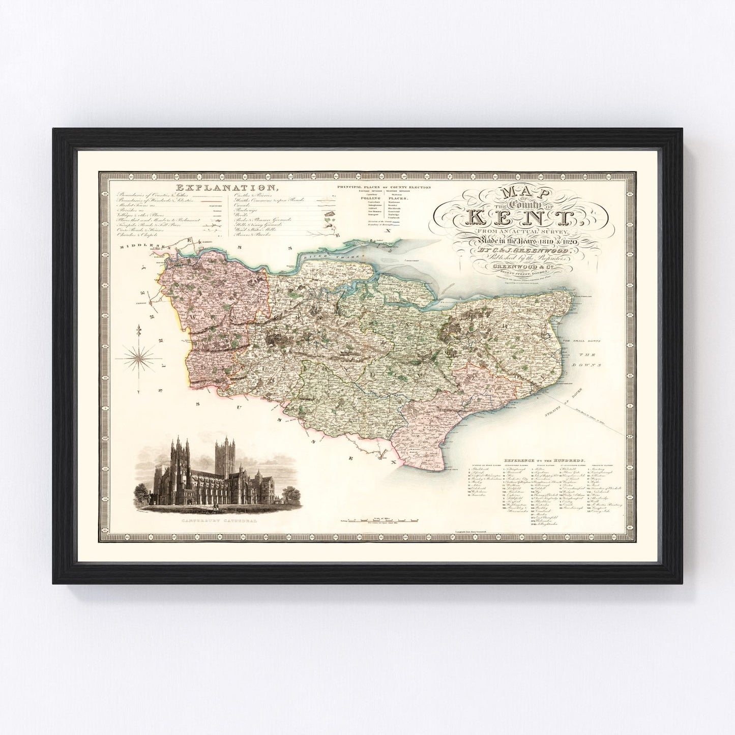 Vintage map of Kent, England, 1829