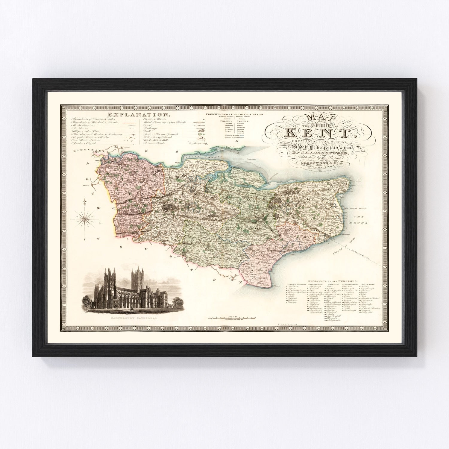 Vintage map of Kent, England, 1829