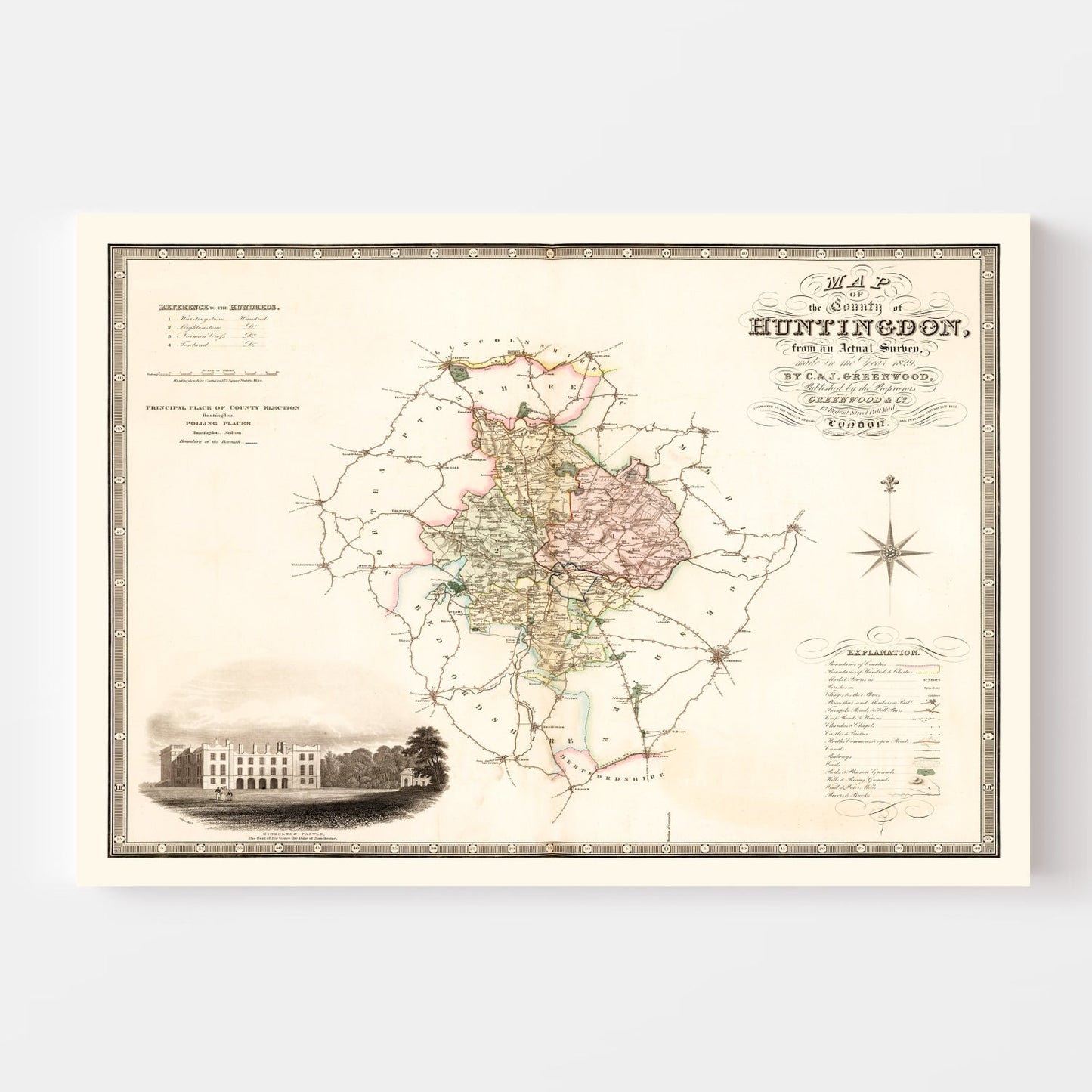 Vintage Map of Huntingdonshire, England, 1831