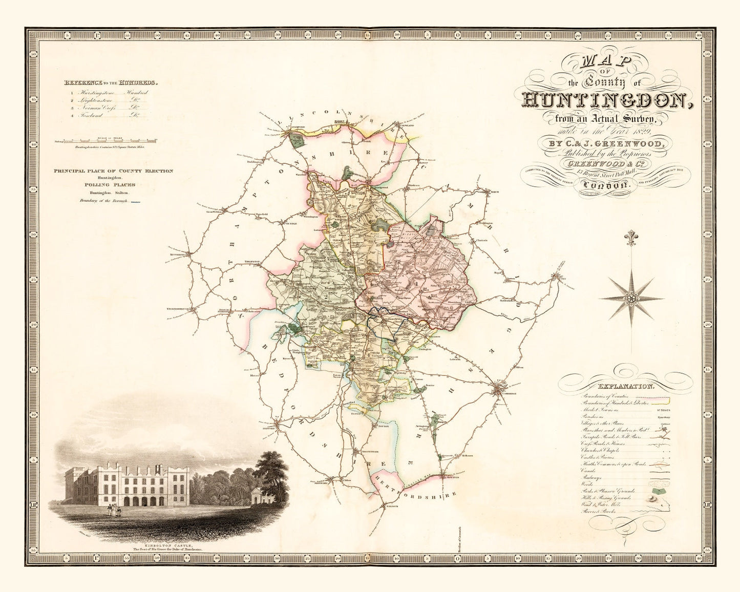 Vintage Map of Huntingdonshire, England, 1831