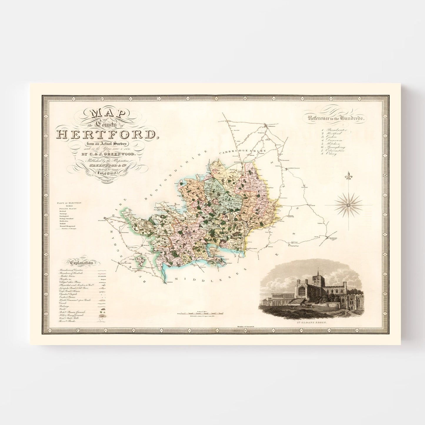 Vintage Map of Hertford, England, 1834