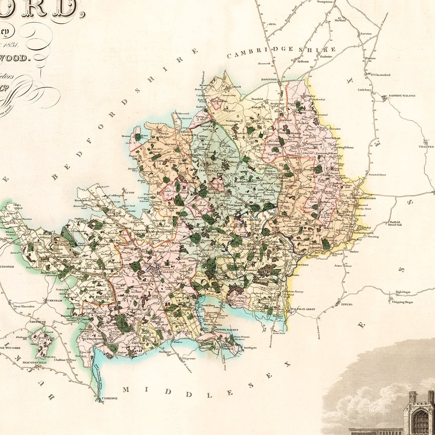 Vintage Map of Hertford, England, 1834