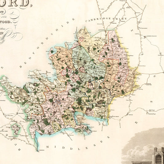 Vintage Map of Hertford, England, 1834