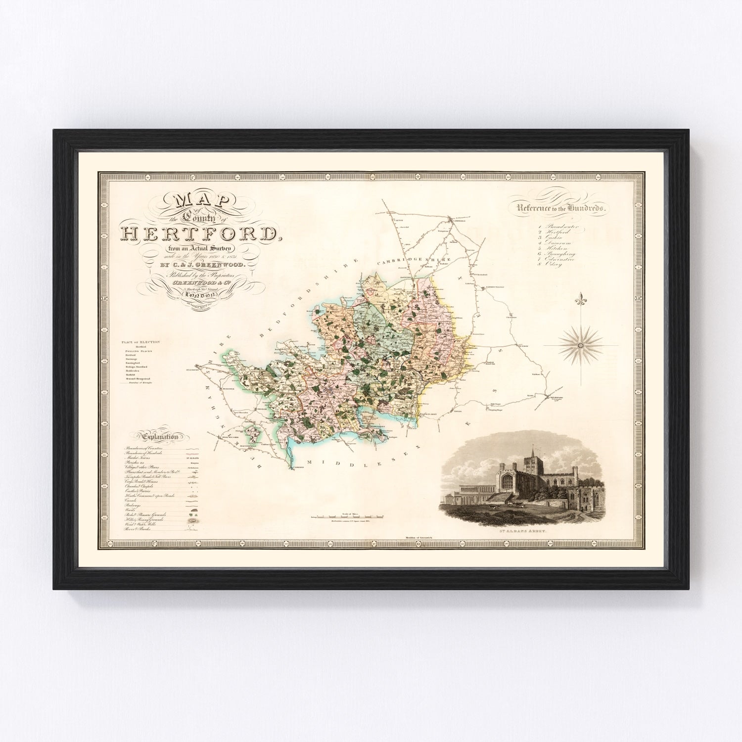 vintage map of Hertford, England, 1834