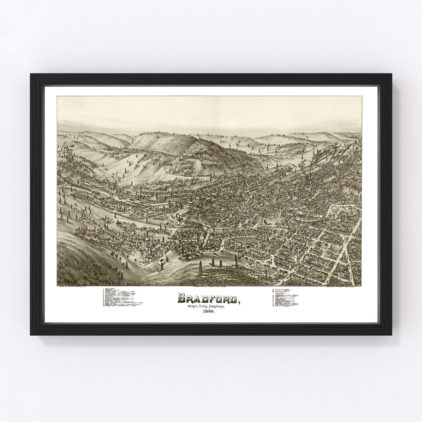 vintage map of Bradford Pennsylvania, 1895, restored print wall art