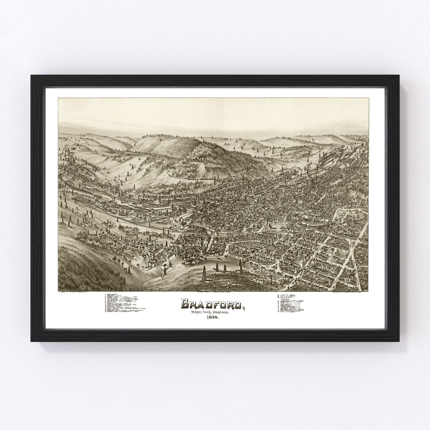 vintage map of Bradford Pennsylvania, 1895, restored print wall art
