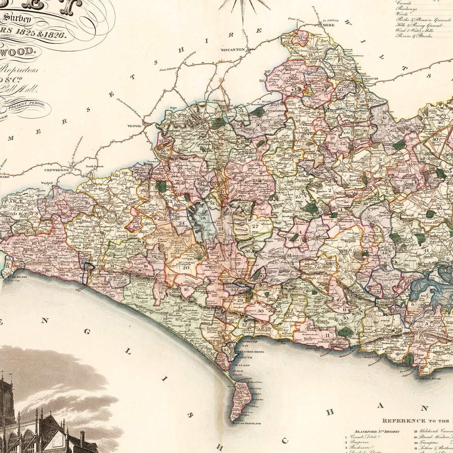 Vintage Map of Dorset, England, 1829