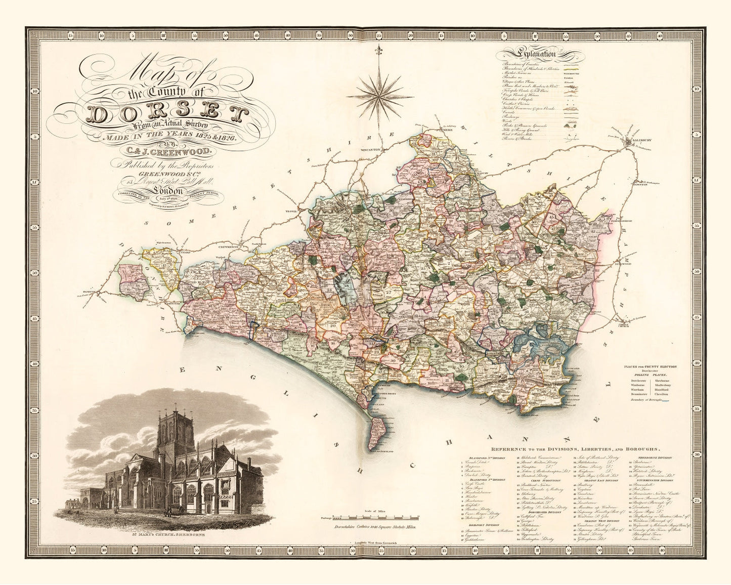 Vintage Map of Dorset, England, 1829