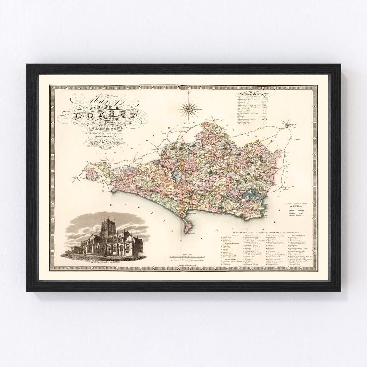 vintage map of Dorset, England, 1829