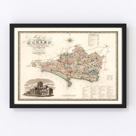 vintage map of Dorset, England, 1829