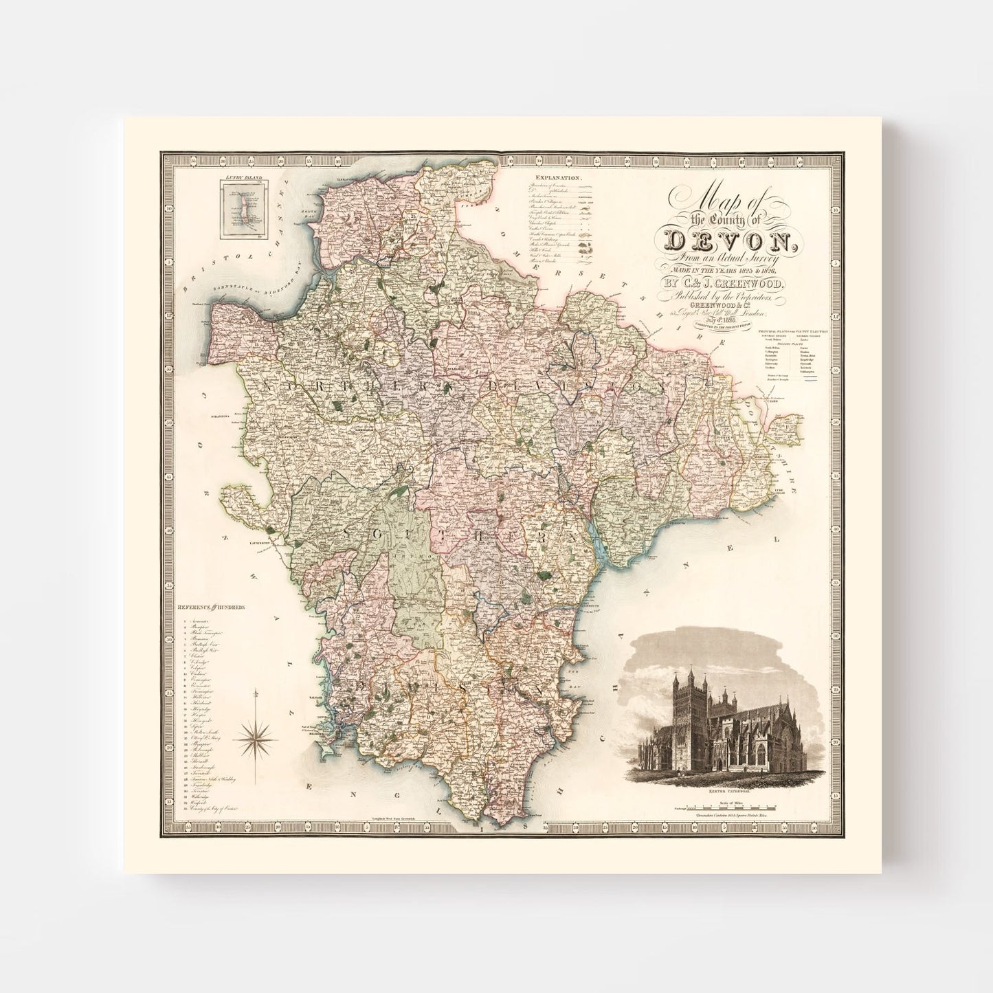 Vintage Map of Devon, England, 1829
