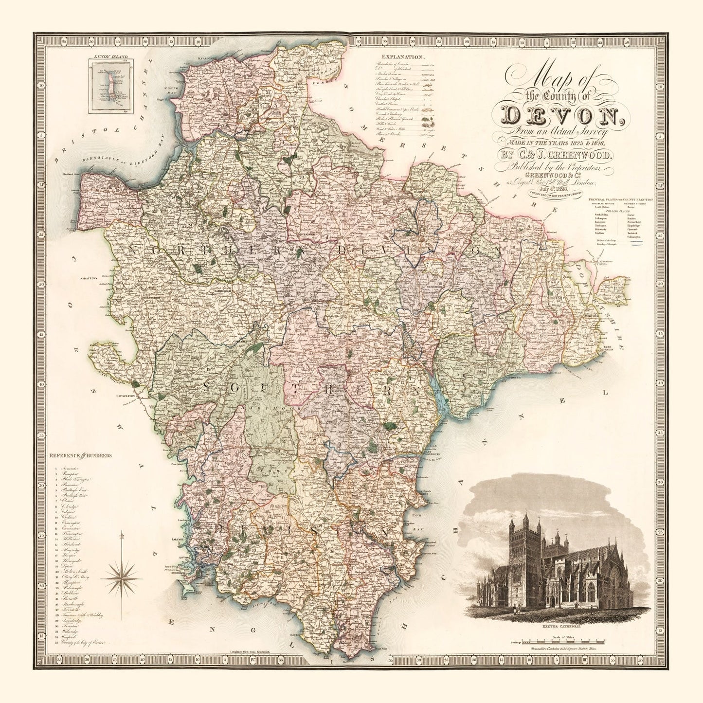 Vintage Map of Devon, England, 1829