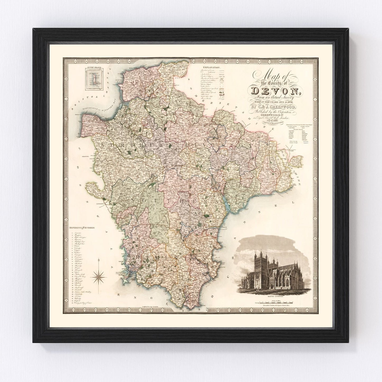 vintage map of Devon, England, 1829