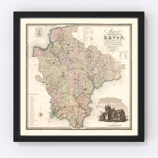 vintage map of Devon, England, 1829